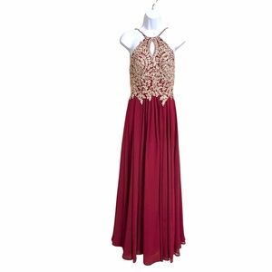 Fiesta Fashion Sparkling Halter Prom Dress XS Burgundy Gold Lace Formal Event